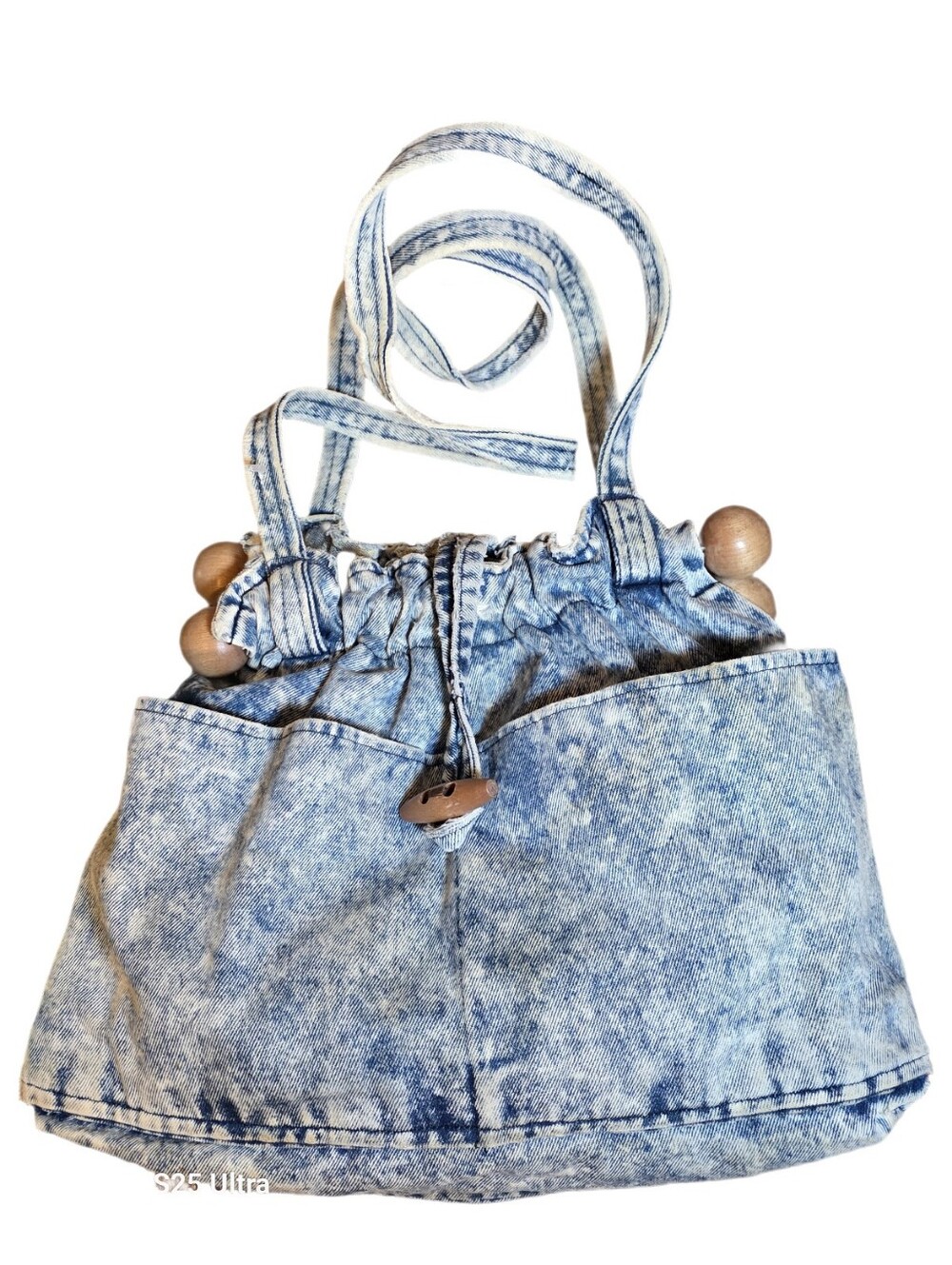 VTG 1980s Acid Wash Denim Shoulder Bag Drawstring Wood Bead Boho Slouchy Tote - Picture 10 of 15